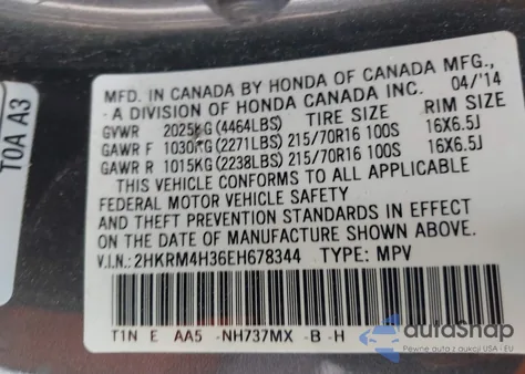 2014 Honda Cr-V Lx z USA, uszkodzony, nr VIN 2HKRM4H36EH678344